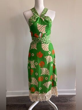 SHEIN Green Midi Dress with Cream & Orange Pattern